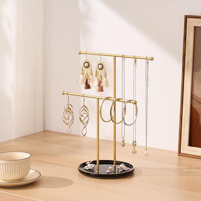 Jewelry Stand with Ceramic Tray, Necklace Holder, Gold Bar Black Base