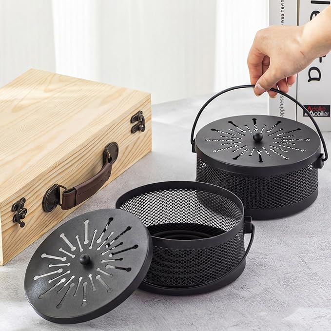 Lallisa 2 Pieces Mosquito Coil Holder Incense Coil Holder Round Retro Portable Metal Hanging Incense Burner Holders with Handle for Home Indoor Outdoor Camping Patio (Black)