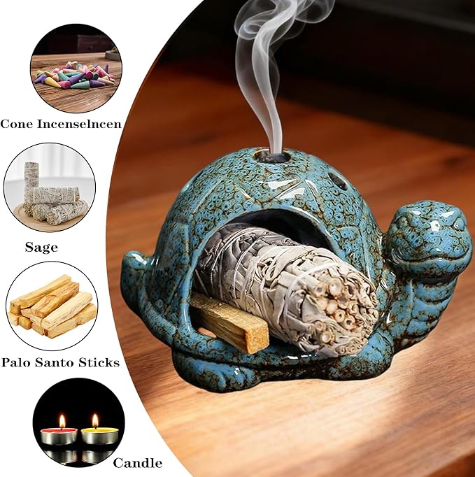 Ceramic Turtle Mini Chiminea- Multifunctional Incense Holder for Sage, Cone Incense, Copal & Small Candle | Aromatherapy Gift for Meditation, Yoga, Zen Spaces | Indoor Use, Hamster Nest Decor (Blue)