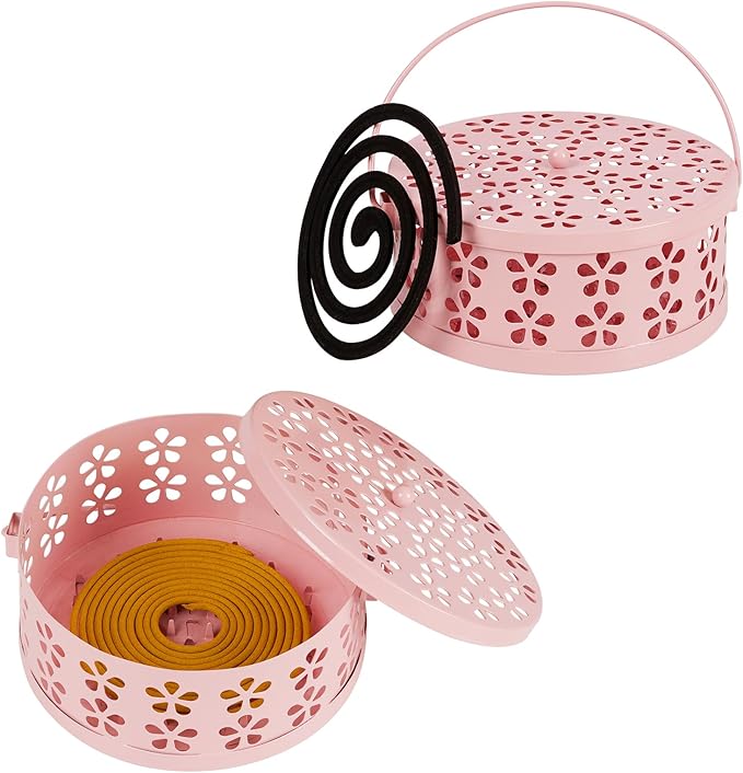 Portable Iron Mosquito Coil Holder with Handle Round Heat-Resistant Incense Holder (2 Pack Pink)