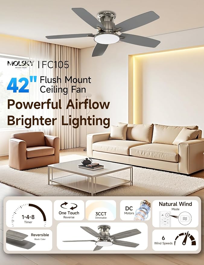 Flush Mount Ceiling Fan with Light, 42 Inch, Remote Control, 3CCT Dimmable LED, 6-Speed Silent Reversible DC Motor, Low Profile Hugger Ceiling Fan for Indoor/Outdoor 90-264V 50/60Hz Brushed Nickel