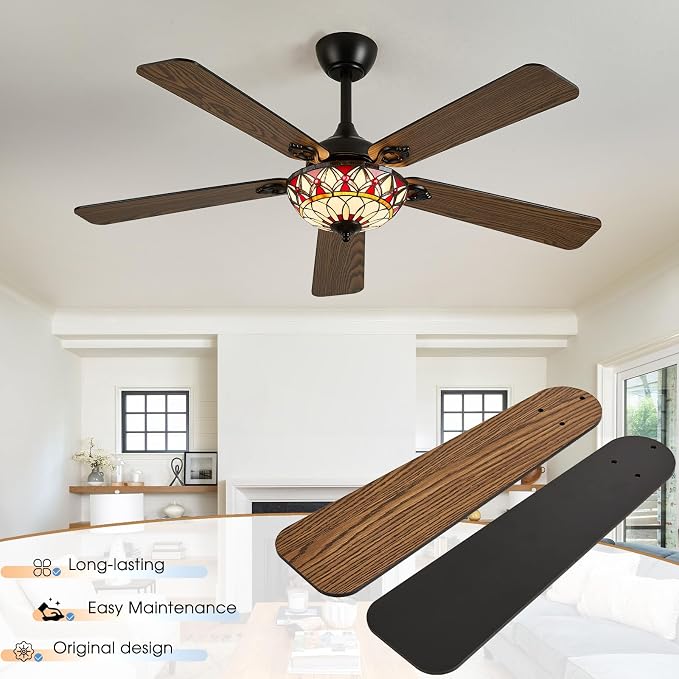 52" Tiffany Style Ceiling Fans with Lights, Vintage Chandelier Ceiling Fan with Stained Glass Shade, Dimmable LED, 6 Speeds Reversible for Bedroom (Red Petal)
