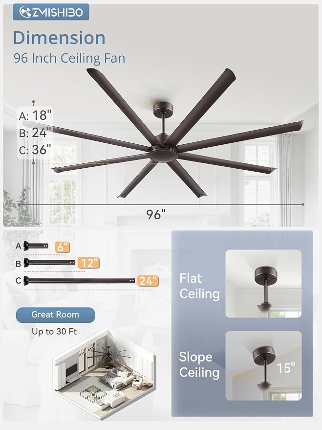 ZMISHIBO 96" Large Industrial Ceiling Fans No light with Aluminum 8 Blades, Commercial HVLS Ceiling Fan without Light,Quiet DC Motor,6 Speeds, Indoor Outdoor Ceiling Fan for Garage Shop, Oil Bronze