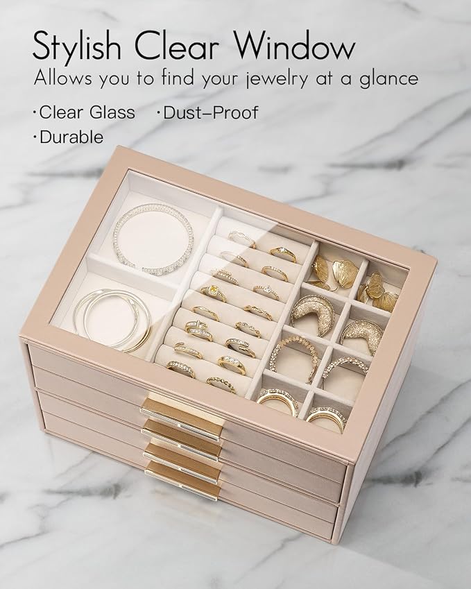 VLANDO 4 Layer Jewelry Box for Women, Mothers Day Gifts for Women, Glass Lid Jewelry Organizer with 4 Drawers for Necklaces Rings Earrings Bracelets - Toffee