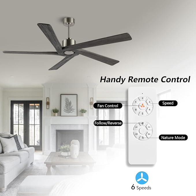 WINGBO 54 Inch DC Ceiling Fan without Lights, 5 Reversible Carved Solid Wood Blades, 6-Speed Noiseless DC Motor, Ceiling Fan No Light with Remote, Brushed Nickel Finish with Gray Blades, ETL Listed