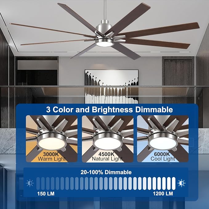 Rayqueen 72 Inch Brushed Nickel Ceiling Fans with Lights and Remote,Downrod | Walnut Blades,6 Speed Reversible DC motor,3-color temperature dimmable LED, 5.9/11.8/23.6 inch downrod