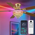 52“ Crystal Ceiling Fans with RGB Lights, Remote/App Control, Luxury Fandelier Ceiling Fan Flush Mount, Reversible DC Motor, Dimmable, Bedroom Chandelier Fan, (Gold)