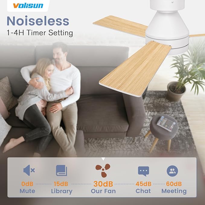 VOLISUN Ceiling Fans with Lights Flush Mount, 42 inch Low Profile Ceiling Fan with Light and Remote, Queit & Reversible Motor,3CCT, Dimmable, White Modern Ceilings Fans for Bedroom, Living Room