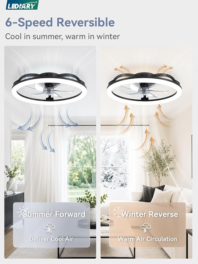 LEDIARY 23 Inch Ceiling Fans with Lights and Remote, Dimmable Fan Light | 6 Speed, Reversible, APP & Remote Control, Low Profile Flush Mount Ceiling Fan for Bedroom, Black