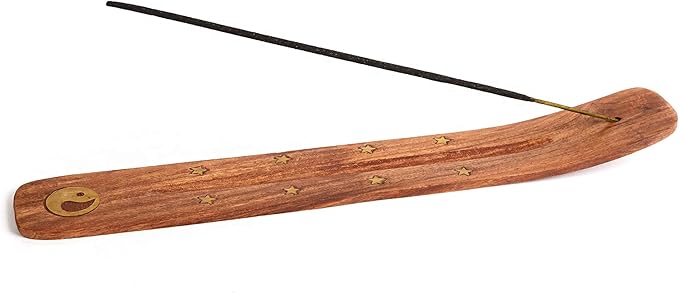Wooden Incense Holder for Sticks with Inlays of Brass Ying YANG 10 inches Long