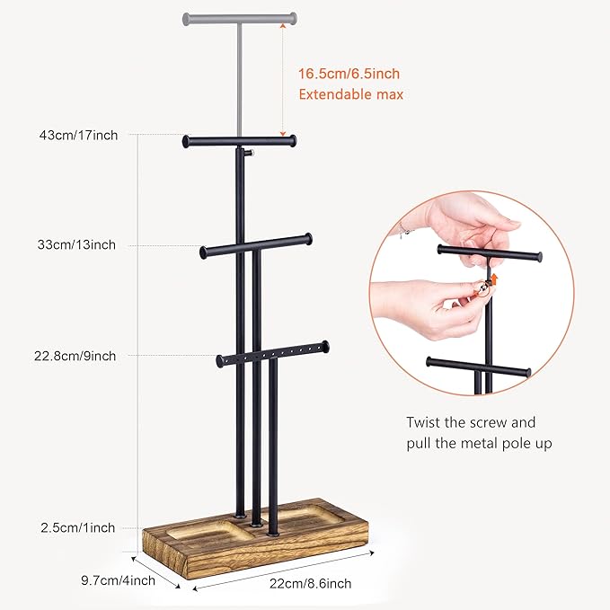 Love-KANKEI Jewelry Organizer 3-Tier,Adjustable Height,Carbonized Black | Metal Rod,Solid Wood Base,Easy to Install,Tree Style,Display Long Necklaces,Bracelets,Earrings,Rings,Watches,Bangles,Gift