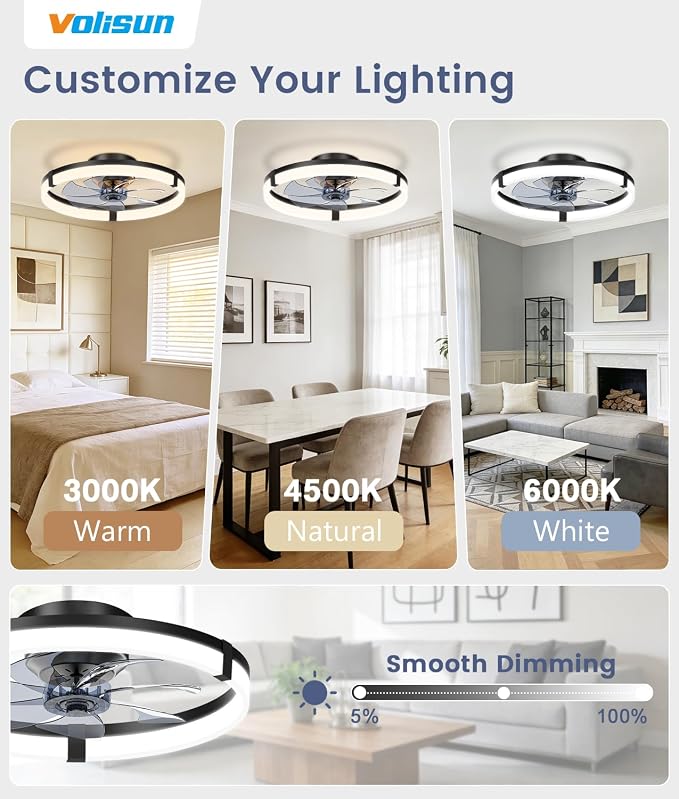 VOLISUN Low Profile Ceiling Fans with Lights and Remote, 20in Flush Mount Ceiling Fans with Light, 3000K-6500K Dimmable Fandelier Ceiling Fan, Black Bladeless Ceiling Fan for Bedroom