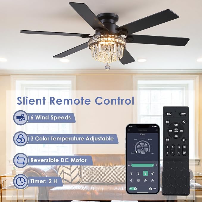 Asyko 52" Low Profile Crystal Ceiling Fans with LED Lights and Remote/APP | Supports Remote and APP,Reversible 6 Wind Speeds,30W Quiet DC Motor,6 Wood Blades,Dimmable 30W LED,Suits for Bedroom Kitchen