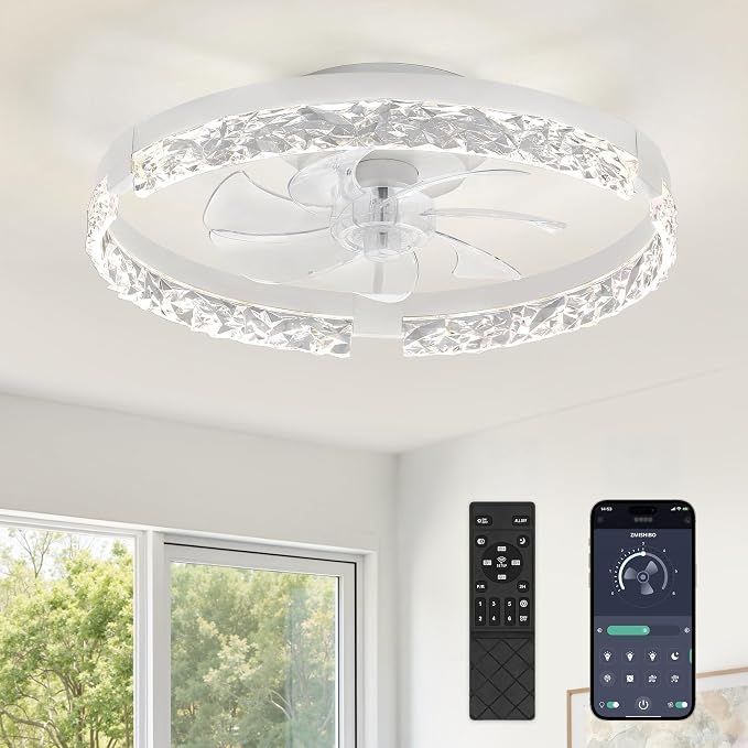 ZMISHIBO 19.7" Ceiling Fans with Lights, Low Profile Ceiling Fan and Remote, Flush Mount Ceiling Fans, Stepless Dimmable LED Light, White Fixtures for Bedroom, Living Room