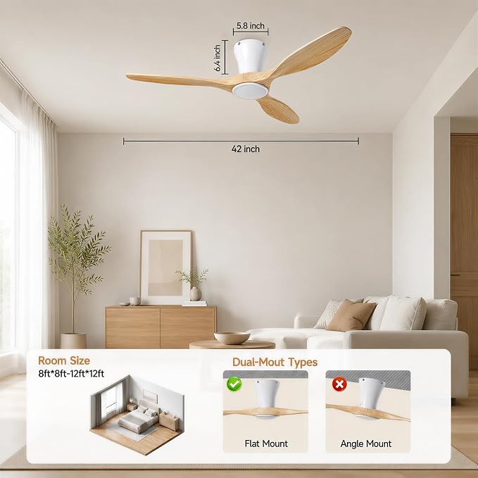Skylike 42" Flush Mount Wood Ceiling Fan with Lights, 3 Blade Low Profile Farmhouse Ceiling Fan with Remote Control,Quiet Indoor/Outdoor Light Walnut Ceiling Fan for Patio,Gazebo, Balcony, Living Room