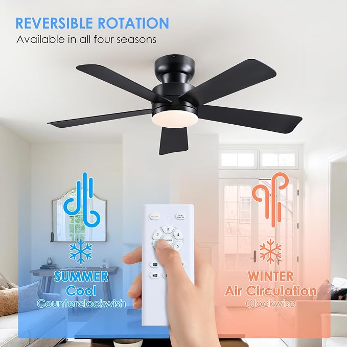 Asyko 46" Black Modern Low Profile Ceiling Fan with LED Light and Remote | Super Large Airflow with 6 Wind Speeds, Reversible, Dimmable 3 CCT LED Light, Noiseless 30W DC Motor,for Bedroom Kitchen