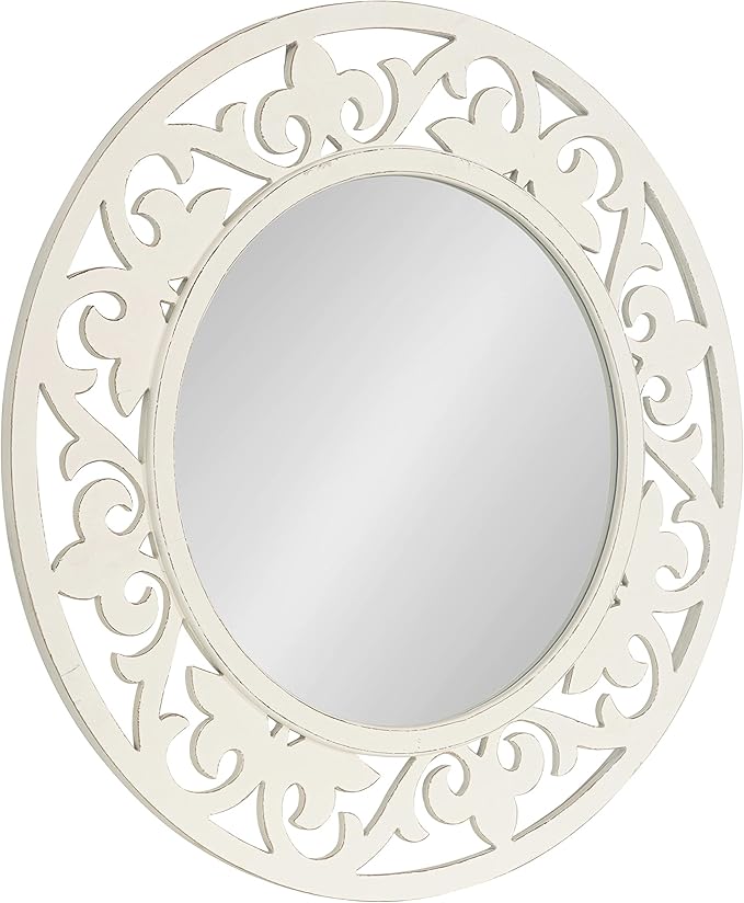 Kate and Laurel Shovali Coastal Round Mirror; 32 Inch Diameter; White; Decadent Wall Decor with Ornate Wood-Carved Frame