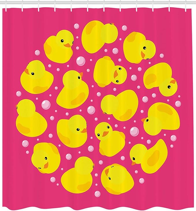 Ambesonne Rubber Duck Shower Curtain, Fun Duckies Circle Pattern Bath Bubbles Animal Print, Cloth Fabric Bathroom Decor Set with Hooks, 69" W x 70" L, Yellow Pink