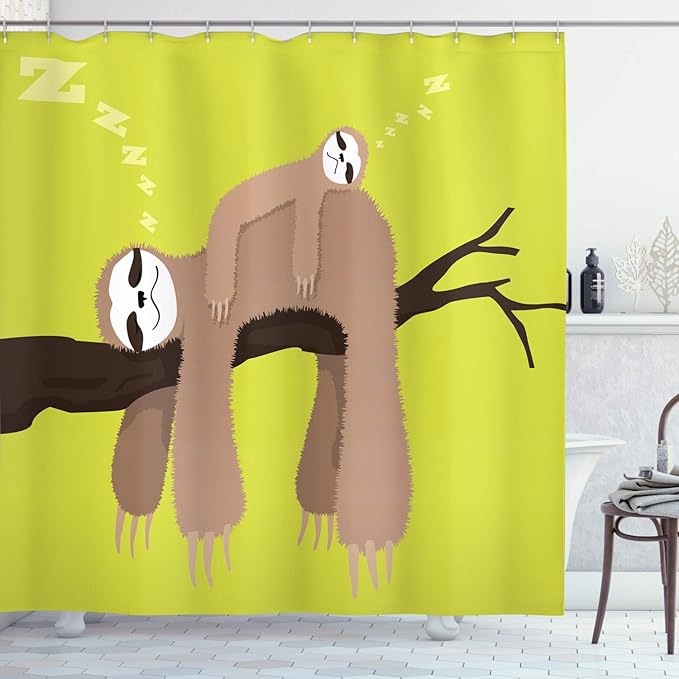 Ambesonne Sloth Shower Curtain, Cartoon Mother Sleeping on Branch Animal on Her Back Carefree Family, Cloth Fabric Bathroom Decor Set with Hooks, 69" W x 75" L, Cocoa Apple Green