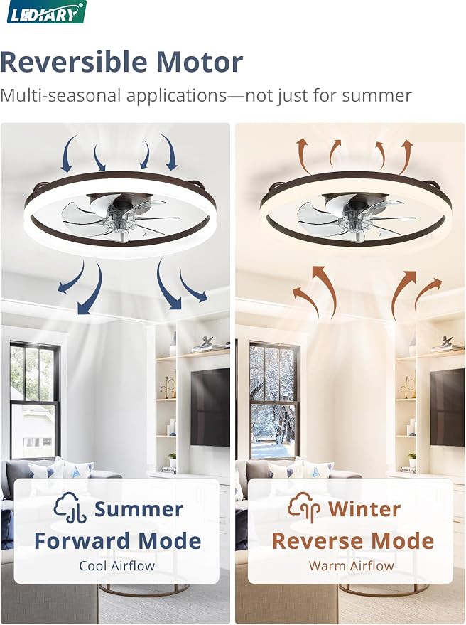 LEDIARY Ceiling Fans with Lights, 20 inch Low Profile Flush Mount Ceiling Fan, Dimmable LED, APP & Remote Control, Quiet Reversible DC Motor, 6 Speeds, Fandelier for Bedroom, Brown