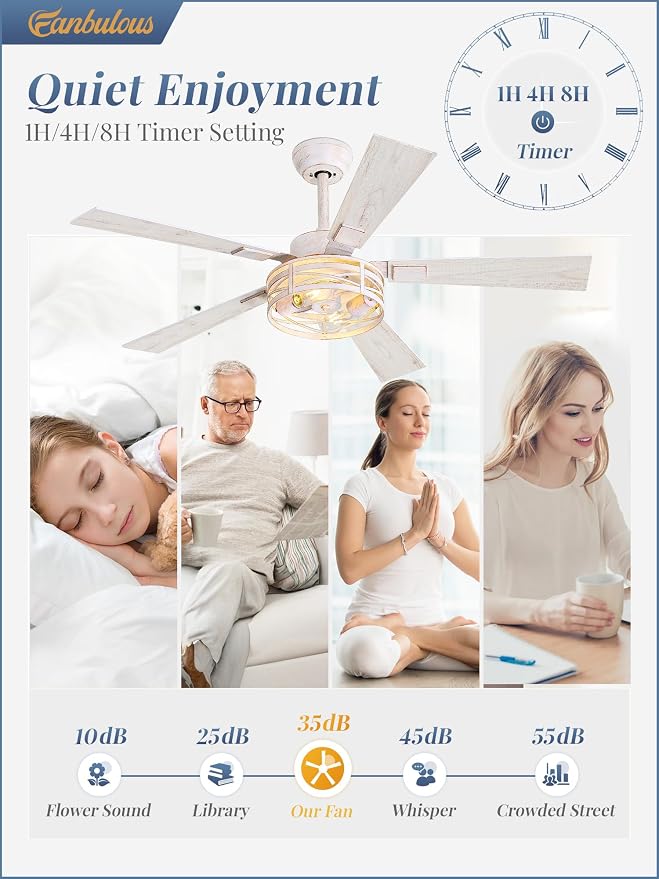 Farmhouse Ceiling Fans with Light, 48 Inch Bedroom Ceiling Fan with Lights, 6-Speed Adjustable, Quiet and Reversible DC Motor, 5 Dual Finish Blades, Rustic Caged Ceiling Fan，White and Gold Color