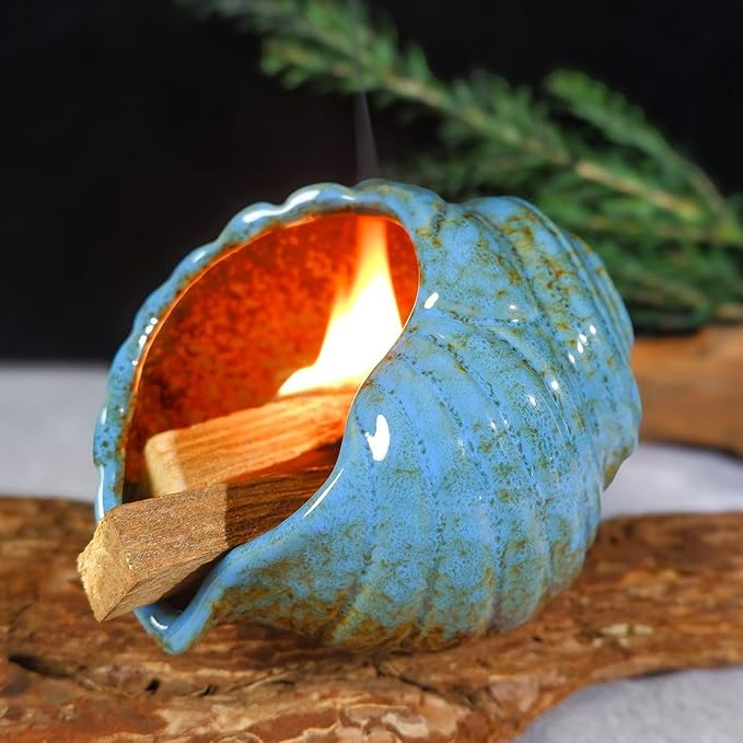 MOUGIGI Blue Conch Chiminea Palo Santo Burner - Ceramic Smudging Bowl、Incense Chimney,Works with Sage、Incense Cones,Energy Cleansing-Thoughtful Gifts for Meditation, Altar,Spa,Yoga, Aromatherapy