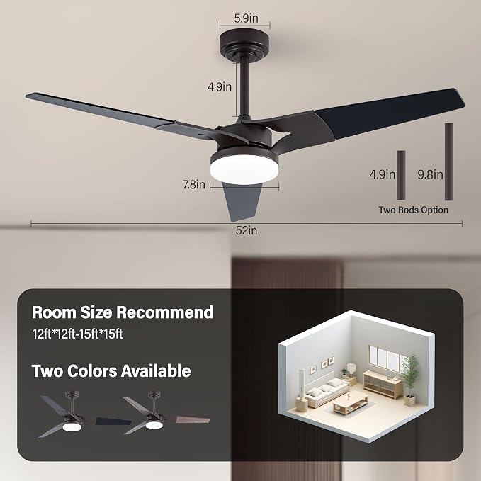 Ceiling Fan with Lights and Remote, 3 Blade App Control Timer Reversible Stepless Brightness and Color Temperature Outdoor Wood Ceiling Fan with Lights (Brown, 52 Inch)