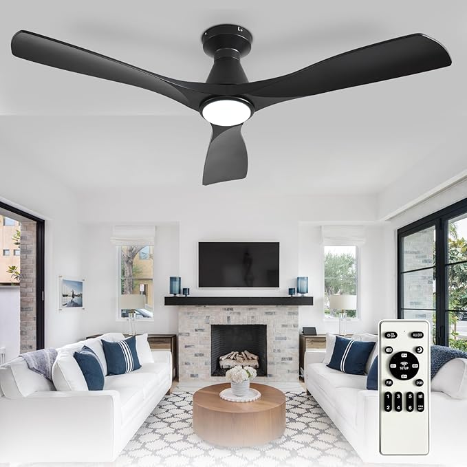 Depuley 52-Inch Ceiling Fans with Lights: Black 3 Blade Flush Mount Low Profile Ceiling Fan for Bedroom - Dimmable Indoor Outdoor Fan with Remote Control Ultra Quiet DC Motor Timer