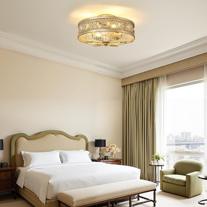 Gold Caged Ceiling Fan with Lights 19 Inch Vintage Crystal Fandelier Enclosed Bladeless Ceiling Fan with Remote Flush Mount Low Profile Ceiling Fan for Bedroom Living Room Kitchen
