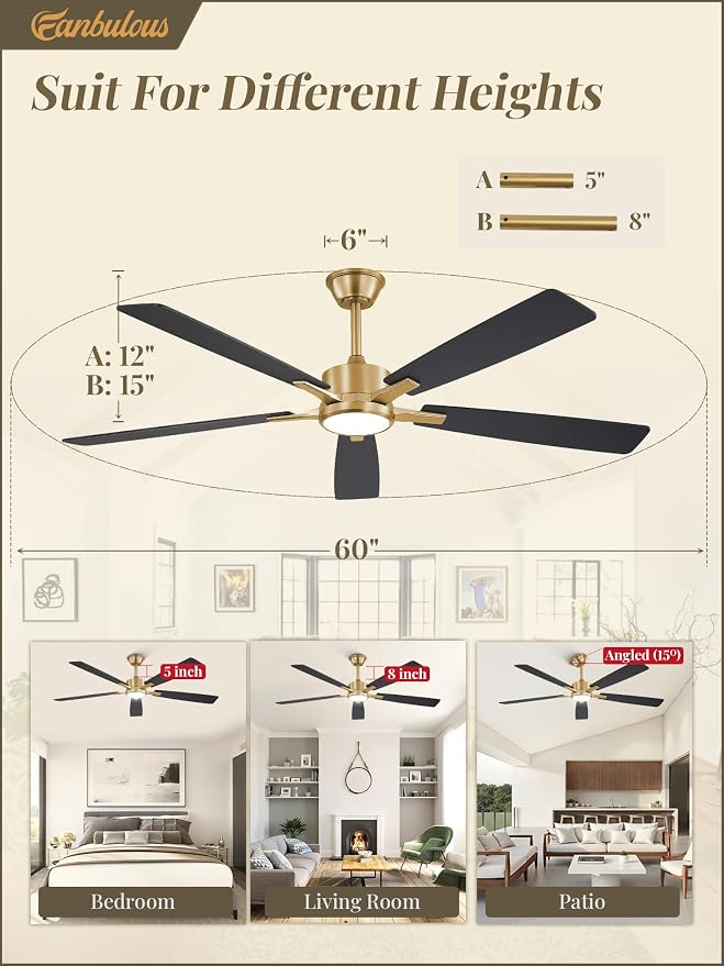 Fanbulous 60 Inch Black and Gold Ceiling Fans with Lights and Remote, Stepless Color Temperature Change & Dimmable 20W LED Ceiling Fan, 6 Speeds Reversible Quiet DC Motor for Bedroom, Living Room