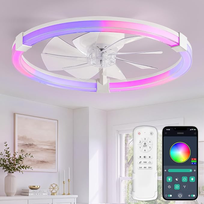 LEDIARY Ceiling Fan with Light,23inch Low Profile Fandelier with Remote RGB | RGB,6 Speeds, Reversible DC Motor, Dimmable Flush Mount Fan Light, Modern fans for Bedroom