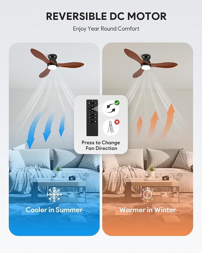 VONLUCE Wood Ceiling Fan with Lights, 42 Inch Flush Mount Ceiling Fan and Remote, 6-Speeds Quiet Reversible DC Motor, 3CCT, Natural Wood 3 Blades Outdoor Ceiling Fan for Patios Farmhouse, Black