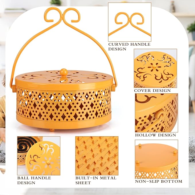 Lallisa Incense Coil Holder Sets, Round Metal Hanging Incense Burner with Handle and Lid, Portable Coil Burner Stand Container for Patio Camping Garden Home Indoor Outdoor Decor(Yellow,4 Pcs)