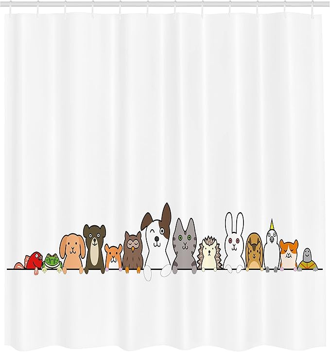 Ambesonne Cartoon Shower Curtain, Domestic Pets Various Animals with Funny Expressions Humorous Cartoon Style, Cloth Fabric Bathroom Decor Set with Hooks, 69" W x 70" L, Grey Salmon