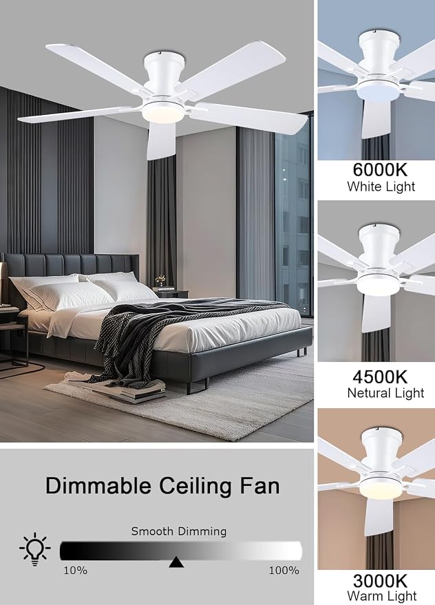JSAITEE 52" Flush Mount Ceiling Fans with Lights Low Profile White | Modern Fans DC Reversible Motor, 3CCT Dimmable, 6 Speeds Fan Light for Indoor Bedroom, Kitchen, White