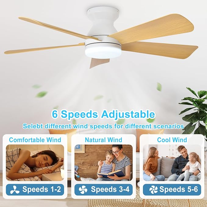 Depuley Modern Ceiling Fan with Light: 42-Inch White Small Fans for Bedroom Indoor Outdoor - Dimmable Low Profile Ceiling Fans with Remote Control Flush Mount 5 Reversible Wood Blades 6 Speeds Timer