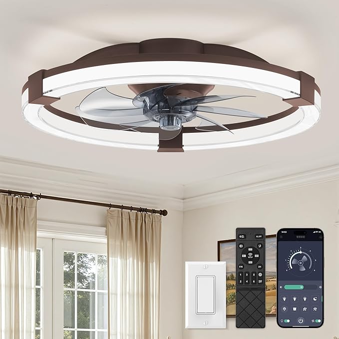 LEDIARY Ceiling Fans with Lights, 19.7 Inch Low Profile Ceiling Fan with Remote, 6 Speeds, Reversible, Dimmable Flush Mount Fan Light, Modern Fandelier Ceiling Fan with Lights for Bedroom, Brown