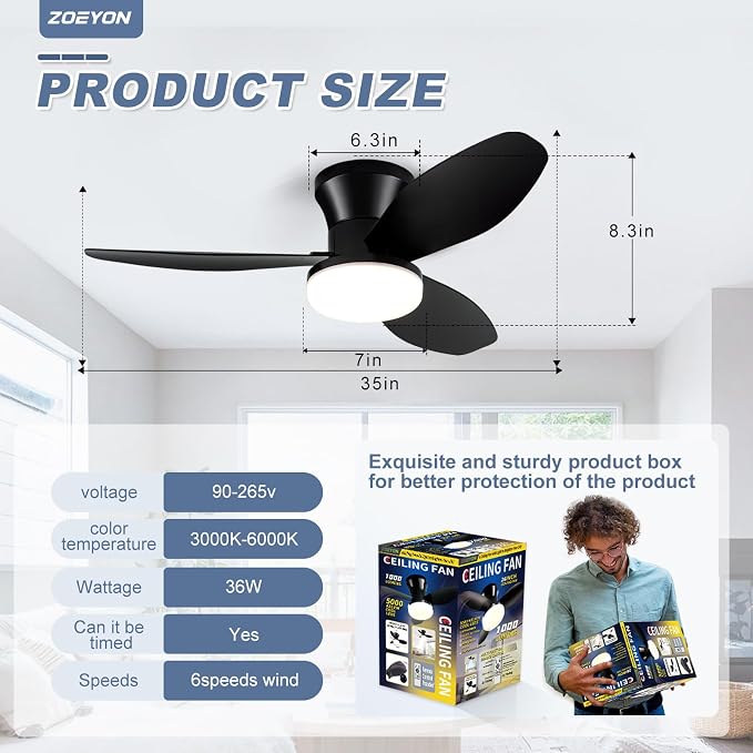 Small Ceiling Fan with Light - 35 Inch Flush Mount Ceiling Fans with Lights and Remote, Low Profile Ceiling Fan with 3 Reversible Blades, 6 Wind Speeds, Black Ceiling Fans for Bedroom Kitchen
