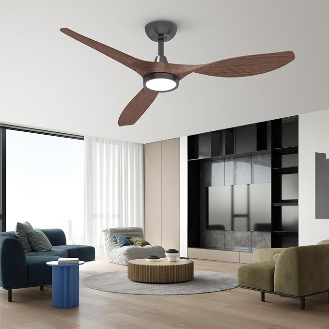Roomratv Ceiling Fans with Lights and Remote Control,Quiet Noiseless Reversible DC Motor,6 Speeds,Timers, 3 CCT, Indoor Use, Plastic Blades,52 Inch Black Wood Grain Modern Ceiling Fan for Living Room