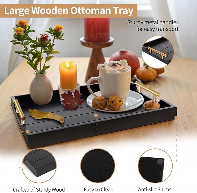 SXNOWS Wooden Serving Tray with 2 Sets of Handles,Black | Rectangle 16.5x13 Inch Ottoman Decorative Tray for Coffee Table Kitchen Bar Living Room Breakfast in Bed, 4 Coasters Included