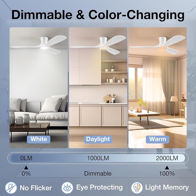 52 Inch Wood Ceiling Fans with Lights Remote,Low Profile Flush Mount Ceiling Fan with Light,Outdoor Indoor Modern Ceiling fan for Bedroom Living room Patio,White,3 Blades,Dimmable,6 Speed,Noiseless