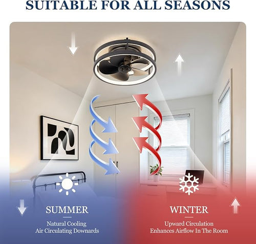 13 Inch Small Ceiling Fan with Light and Remote, Low Profile Flush Mount Fandelier, Dimmable 3CCT Quiet LED Ceiling Fans for Bedroom,Black
