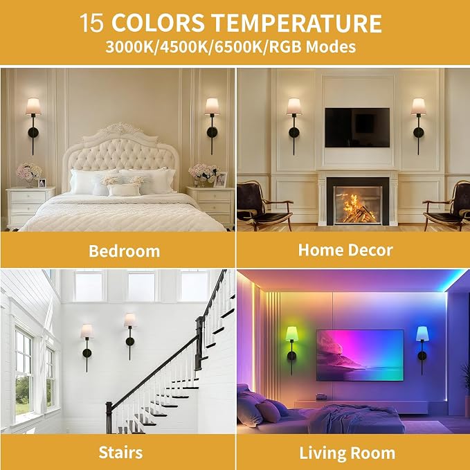 Wall sconces Set of Two Battery Operated – Rechargeable Wireless Wall Lights with Remote, 15 Colors & Dimmable Detachable Bulbs, Black Wall Lamps for Bedroom, Living Room, Hallway, and Home Decor