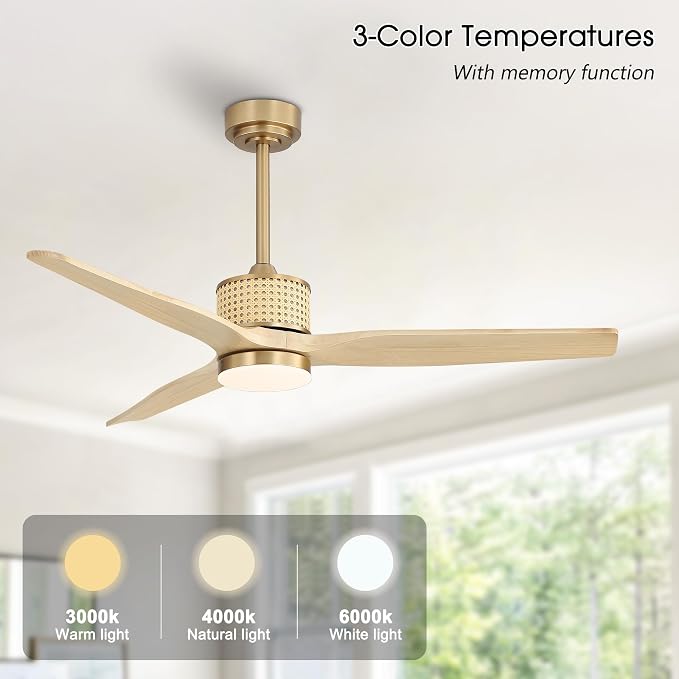 LEDLUX 52" Ceiling Fan with Light – Remote Control, Solid Wood, Quiet Reversible DC Motor, Light Oak/Gold Finish, Includes 4.5"/12" Downrods, Noiseless Ceiling Fan for Bedroom, Living Room, Porch
