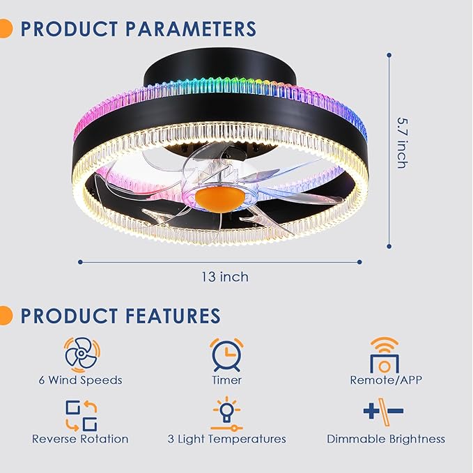 Mpayel Flush Mount Ceiling Fans with Lights - RGB Low Profile Ceiling Fan,13" Small Dimmable LED Bladeless Ceiling Fans, Modern Enclosed LED-RGB Ambient Light for Bedroom, Kids Room, Party