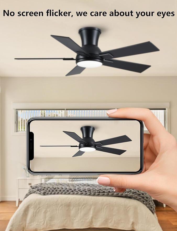 Modern Ceiling Fans with Lights - 42 inch Low Profile Ceiling Fan with Light and Remote, Flush Mount Reversible DC Motor, 6-Speed Quiet LED Dimmable for Bedroom, Indoor and Outdoor, Patios Black