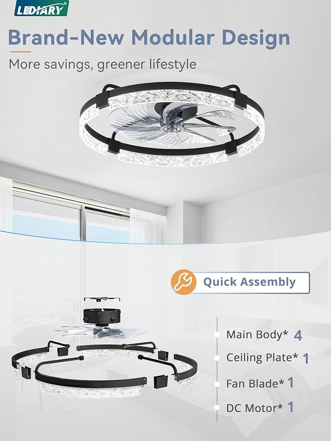 LEDIARY 24 Inch Low Profile Ceiling Fans with Lights and Remote, Flush Mount Fandelier Ceiling Fan, 3000K-6000K Dimmable LED Fan Light, Black Modern Ceiling Fans with Lights for Bedroom