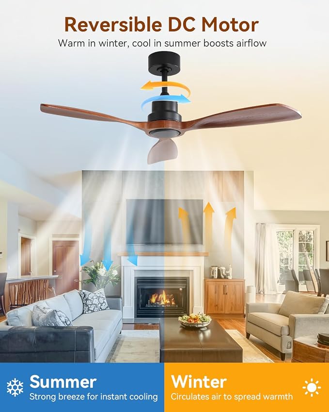 Sofucor 48 Inch Ceiling Fan No Light-Outdoor Ceiling Fans Without Lights, 3 Solid Wood Blades Quiet DC Motor, Modern Ceiling Fan with Remote Control for Indoor Bedroom/Living Room/Patios, Black&Walnut