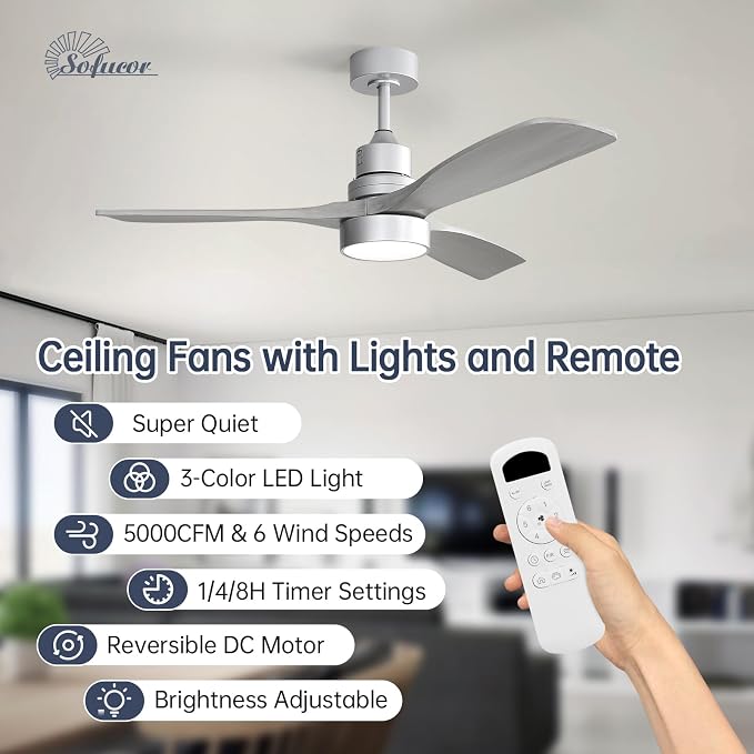 Sofucor 52 Inch Ceiling Fan with Light and Remote - 3 Solid Wood Blades, Quiet DC Motor, 6 Speeds 5000CFM, Dimmable Tri-Color LED with Memory, Timer & Reversible for Bedroom Living Room
