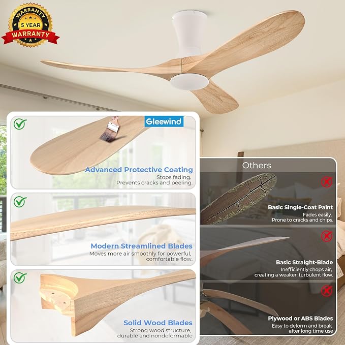 52 inch Smart Flush Mount Ceiling Fans with Lights, Low Profile Ceiling Fan with WIFI Alexa and App Remote Control, Quiet DC Motor, 3 Blades Wood Modern fan for Indoor Outdoor Bedroom Patio, Nature